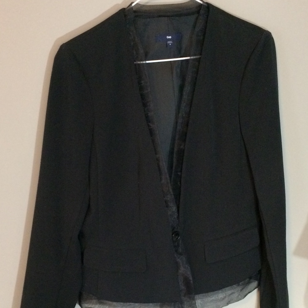 Gap Black Crop Blazer with Tulle Trim